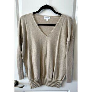 Evereve V-Neck Ribbed Sleeve Heathered Light Tan Tunic Sweater XS Viscose soft
